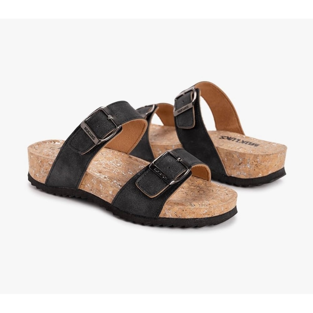 NEW Muk Luks Women's Adjustable Buckle Slide Sandals Black Cork Size 6